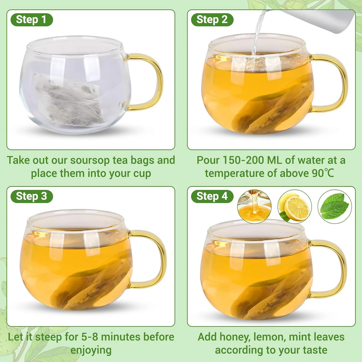 Soursop Leaves Tea Bag, Pure and Natural Soursop Graviola Leaves for Digestion, Boosting Immune, Improving Sleep & Skin Health - Hojas De Guanabana Tea（100 Teabags/2 Pack)