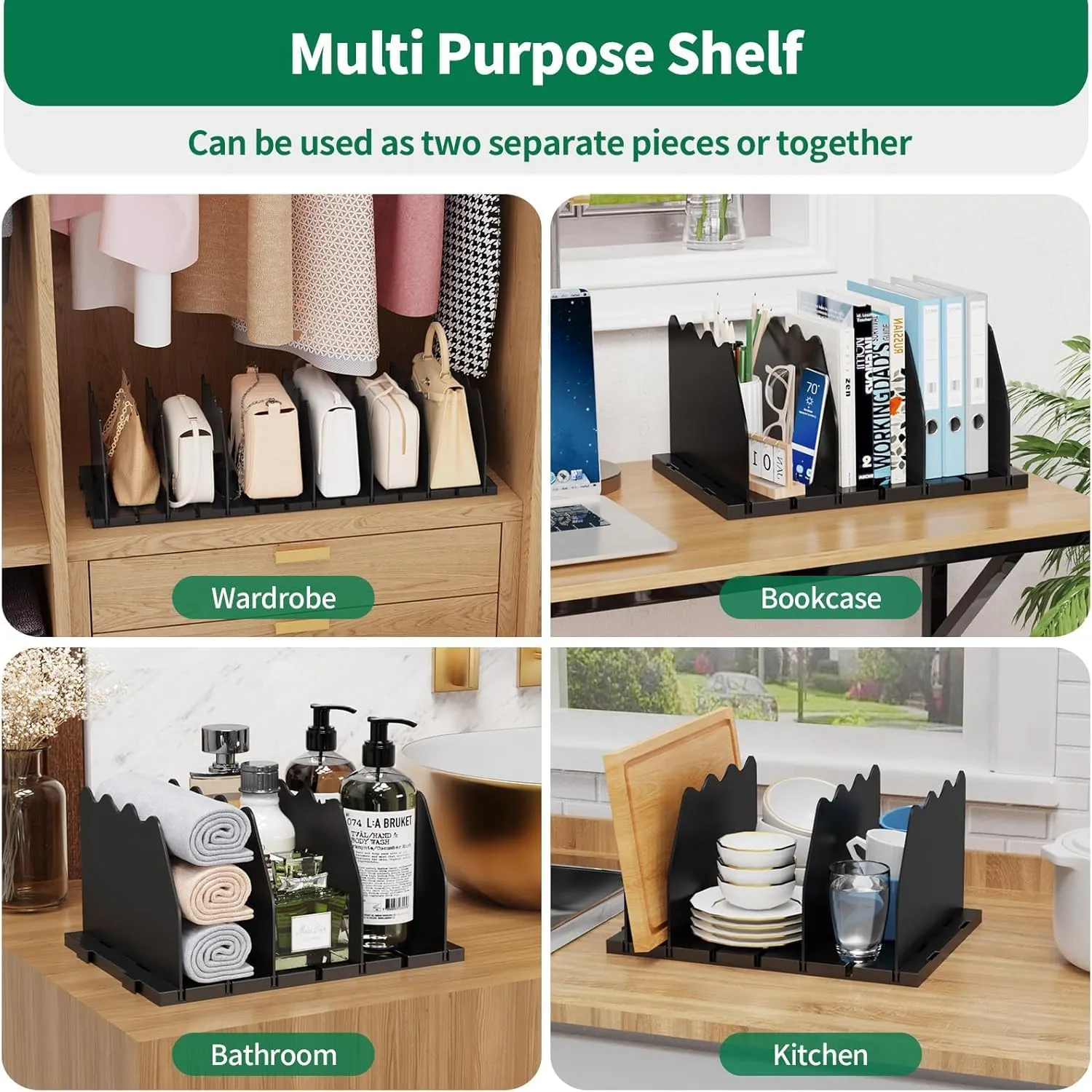 SPACEKEEPER Shelf Divider for Closet, 2 Pack Adjustable Purse Organizers Handbag Separators Storage Organizer Bookshelf Separator Dividers in Bedroom Office Kitchen Bathroom, Black