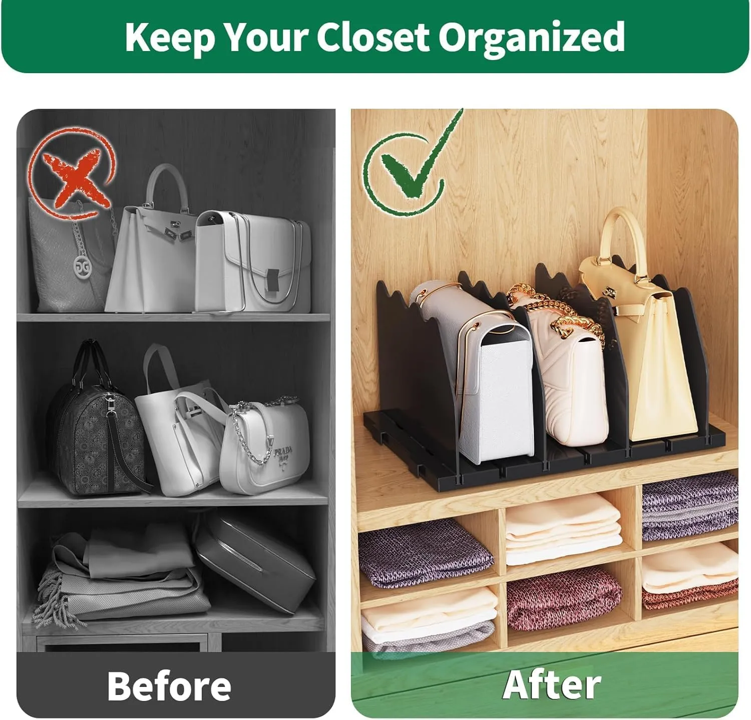 SPACEKEEPER Shelf Divider for Closet, 2 Pack Adjustable Purse Organizers Handbag Separators Storage Organizer Bookshelf Separator Dividers in Bedroom Office Kitchen Bathroom, Black