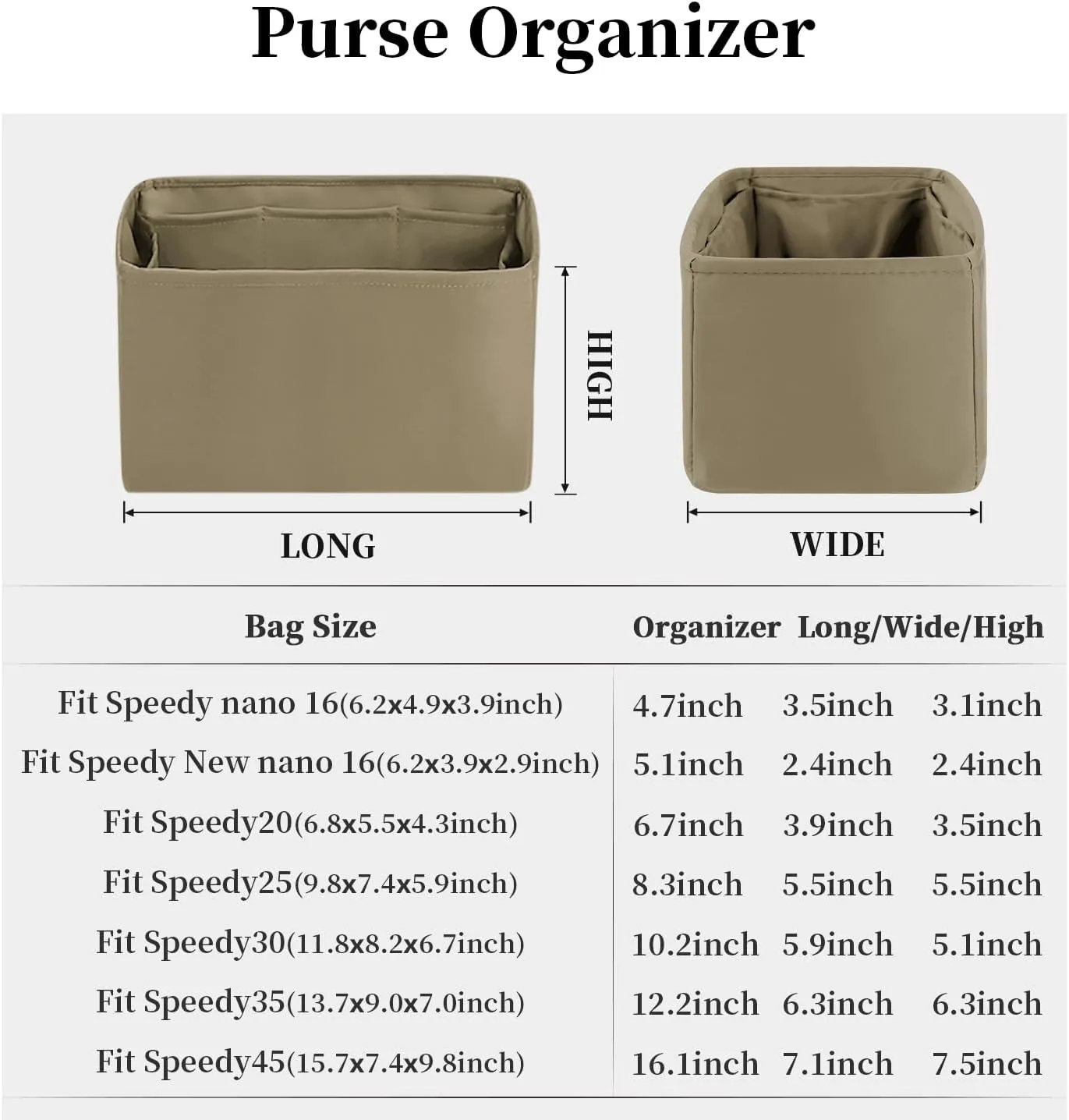 Speedy Nano16 Insert Bag Organizer, Inner Bag Compatible with LV Bag Speedy, Women's Purse Dividers with Silky Satin (Gris tourterelle, Nano16)