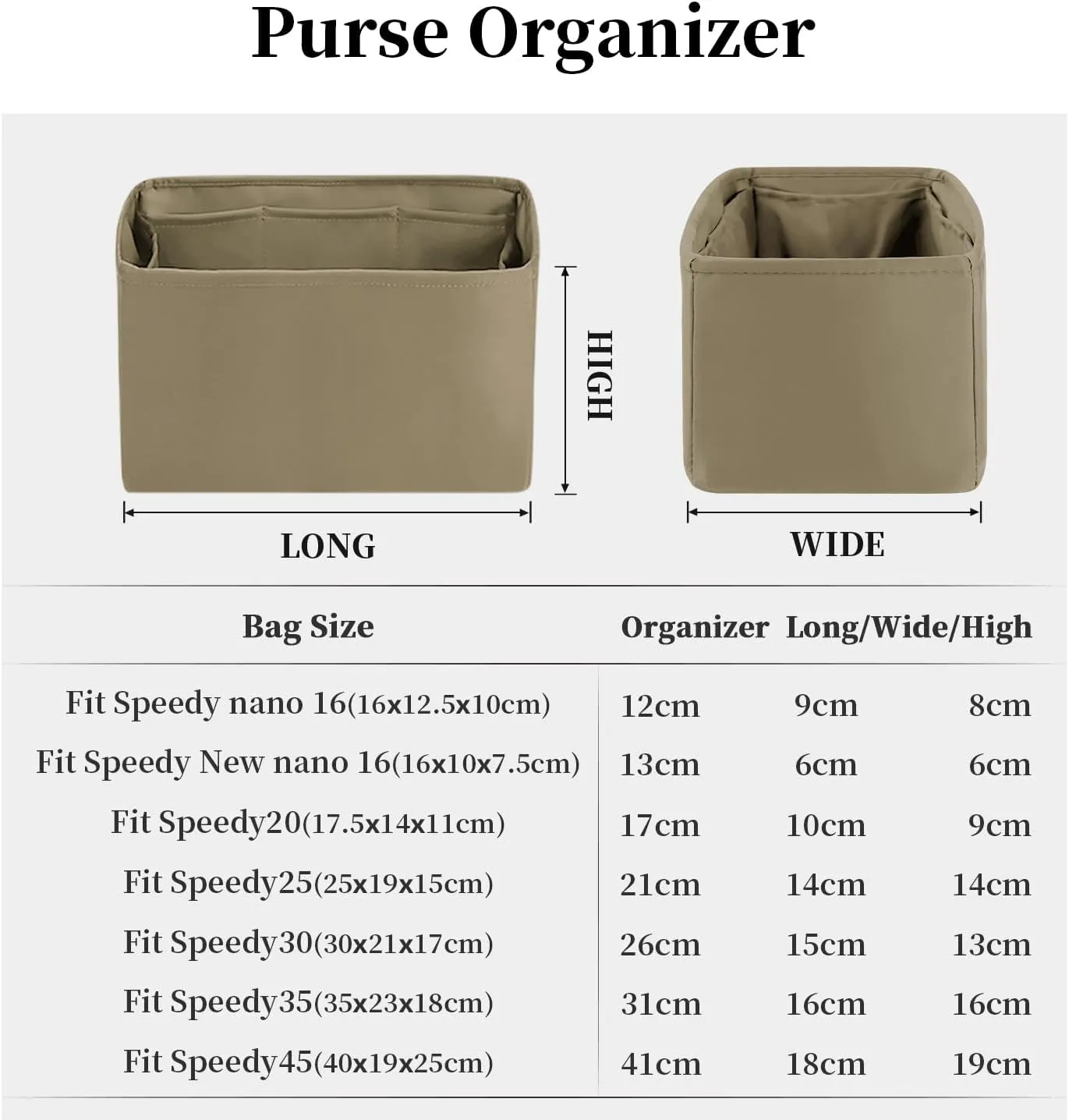 Speedy Nano16 Insert Bag Organizer, Inner Bag Compatible with LV Bag Speedy, Women's Purse Dividers with Silky Satin (Gris tourterelle, Nano16)