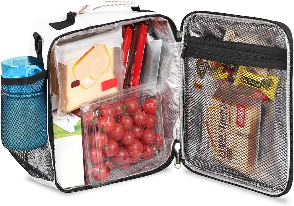 Sport Baseball Kids Lunch Box Baseball Lace Insulated Lunch Bag Tote for Girls Boys Cooler Freezable Meal Prep Bag with Shoulder Strap Waterproof Lunch Container for School Office Picnic