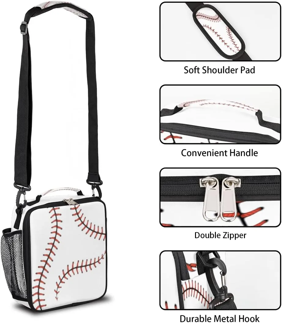 Sport Baseball Kids Lunch Box Baseball Lace Insulated Lunch Bag Tote for Girls Boys Cooler Freezable Meal Prep Bag with Shoulder Strap Waterproof Lunch Container for School Office Picnic