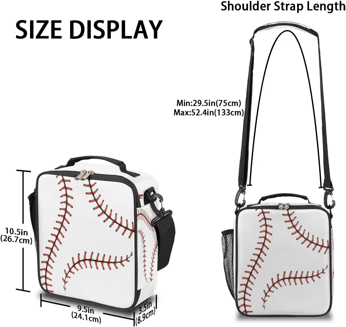 Sport Baseball Kids Lunch Box Baseball Lace Insulated Lunch Bag Tote for Girls Boys Cooler Freezable Meal Prep Bag with Shoulder Strap Waterproof Lunch Container for School Office Picnic