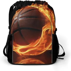Sport Drawstring Backpack Beach Bag Basketball On Fire Drawstring Bag Suitable for Fitness And Swimming