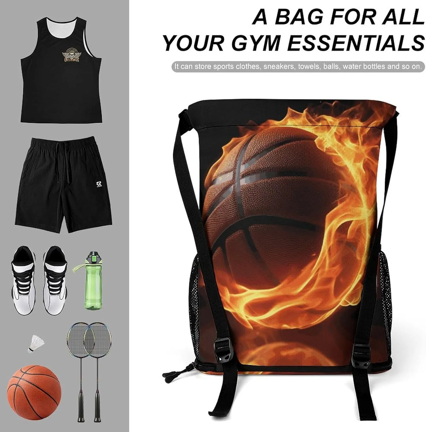Sport Drawstring Backpack Beach Bag Basketball On Fire Drawstring Bag Suitable for Fitness And Swimming