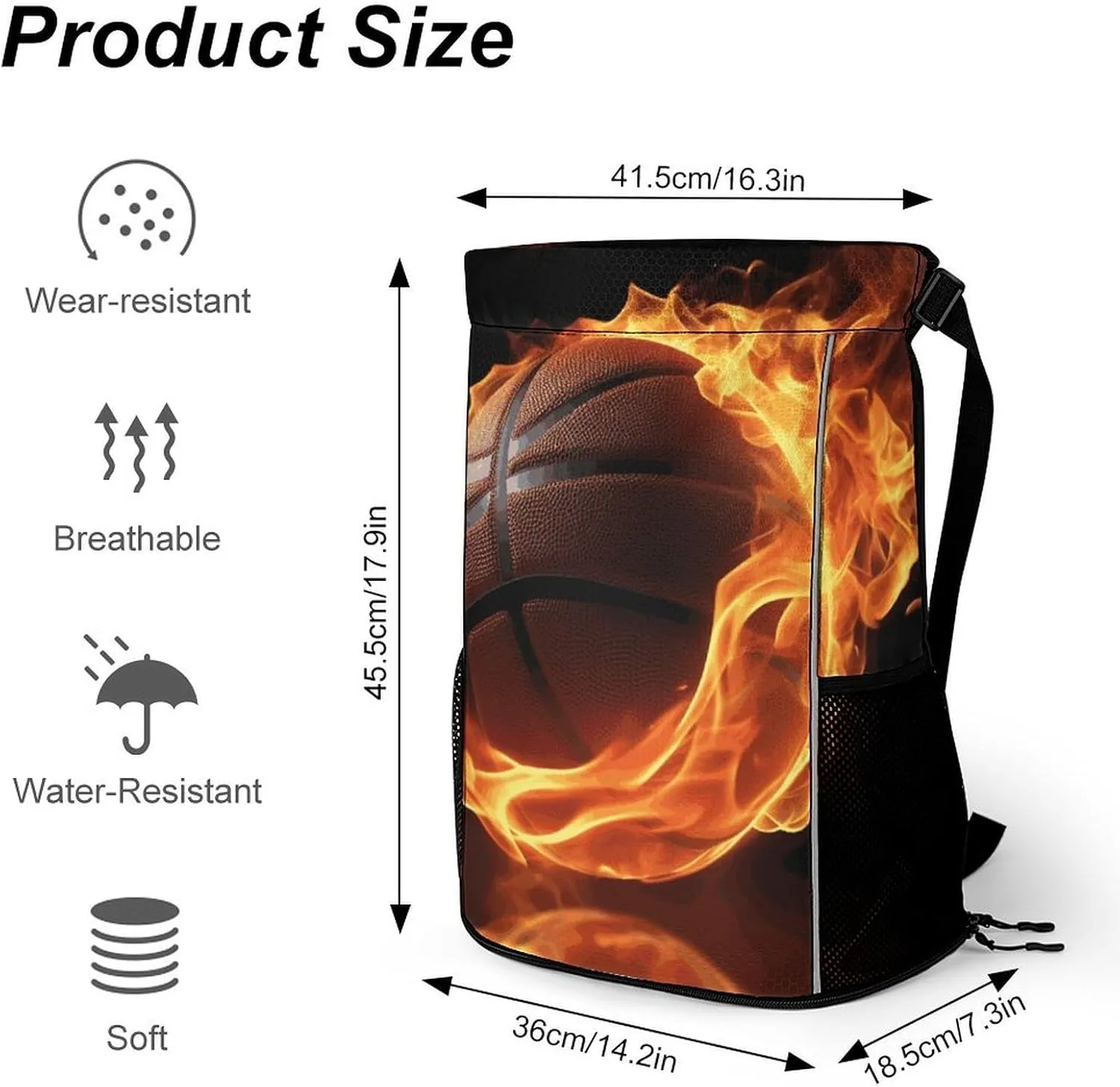 Sport Drawstring Backpack Beach Bag Basketball On Fire Drawstring Bag Suitable for Fitness And Swimming