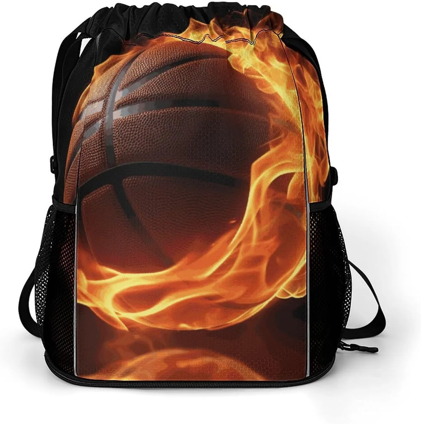 Sport Drawstring Backpack Beach Bag Basketball On Fire Drawstring Bag Suitable for Fitness And Swimming