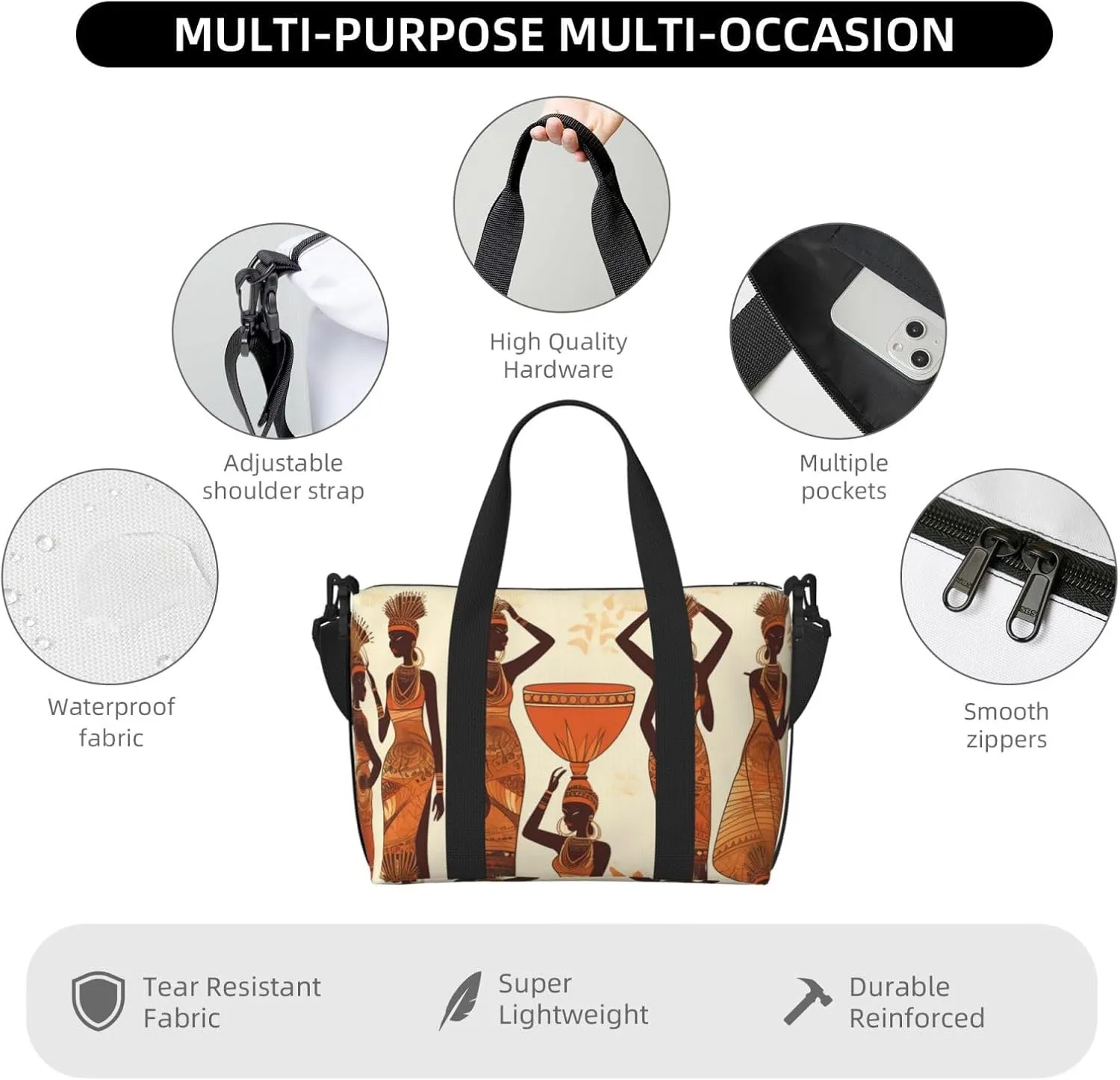 Sports Gym Bag for Women Men Travel Duffel Bag Tote Weekender Bag Carry on Overnight Bag for Travel Swimming Fitness Workout Sports African Tribal Woman Duffle Bag