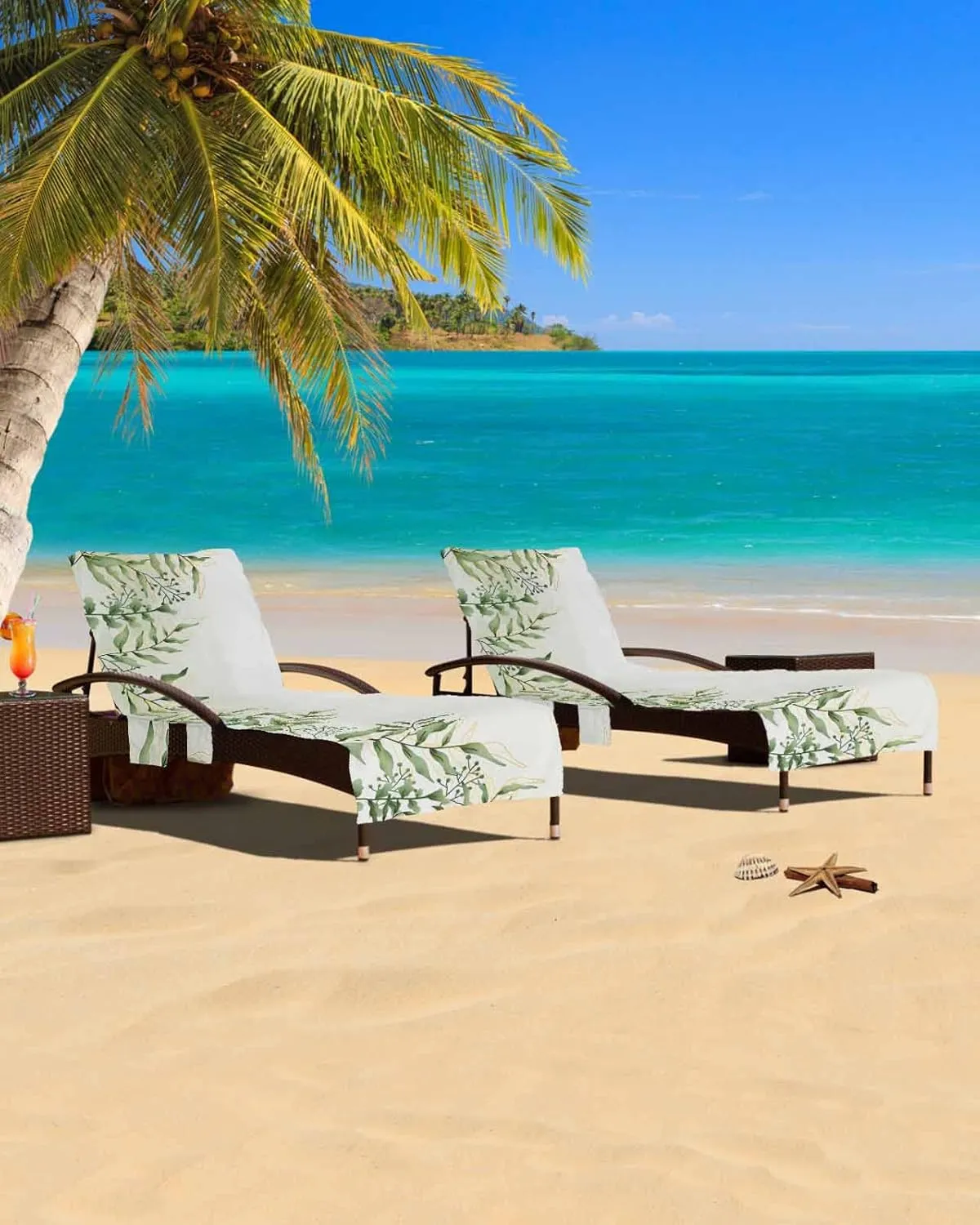 Spring Green Leaves Chaise Lounger Cover with Pockets, Pool Lounge Chair Covers 85"x29", Summer Tropical Microfiber Beach Chair Cover for Outdoor Patio Sunbathing