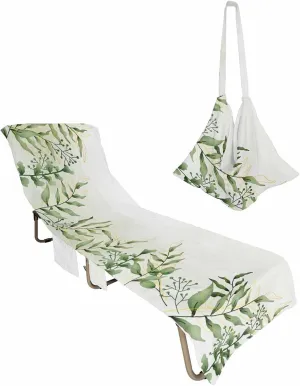 Spring Green Leaves Chaise Lounger Cover with Pockets, Pool Lounge Chair Covers 85"x29", Summer Tropical Microfiber Beach Chair Cover for Outdoor Patio Sunbathing