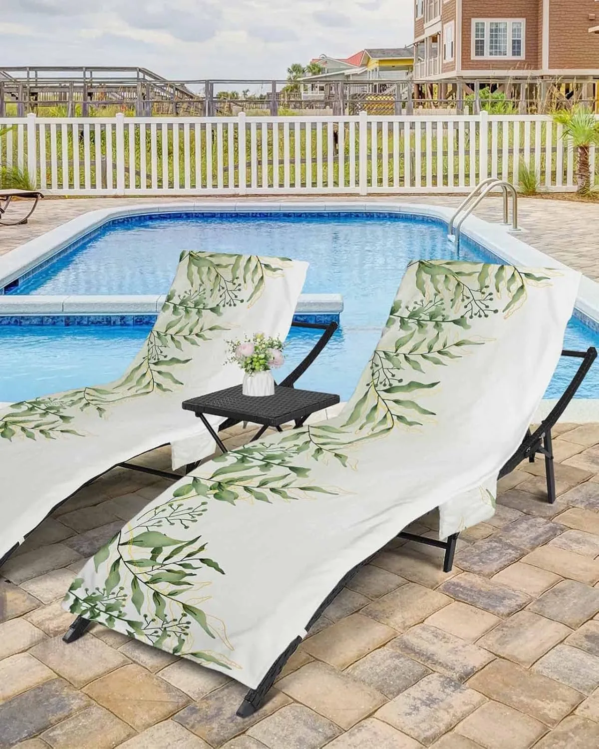 Spring Green Leaves Chaise Lounger Cover with Pockets, Pool Lounge Chair Covers 85"x29", Summer Tropical Microfiber Beach Chair Cover for Outdoor Patio Sunbathing