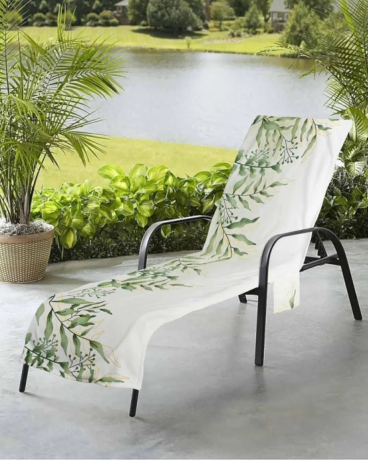 Spring Green Leaves Chaise Lounger Cover with Pockets, Pool Lounge Chair Covers 85"x29", Summer Tropical Microfiber Beach Chair Cover for Outdoor Patio Sunbathing