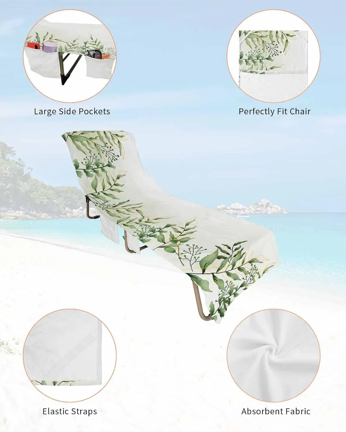 Spring Green Leaves Chaise Lounger Cover with Pockets, Pool Lounge Chair Covers 85"x29", Summer Tropical Microfiber Beach Chair Cover for Outdoor Patio Sunbathing