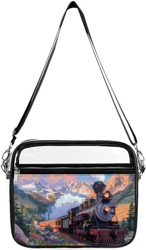 Steam Engine Train Large Clear Stadium Bag Clear Mini Messenger Bags with 2 Compartments Crossbody Bag