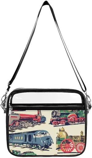 Steam Trains Cool Pattern Clear Stadium Bag Clear Messenger Bag Shoulder Bag with 2 Compartments Clear Crossbody Bag