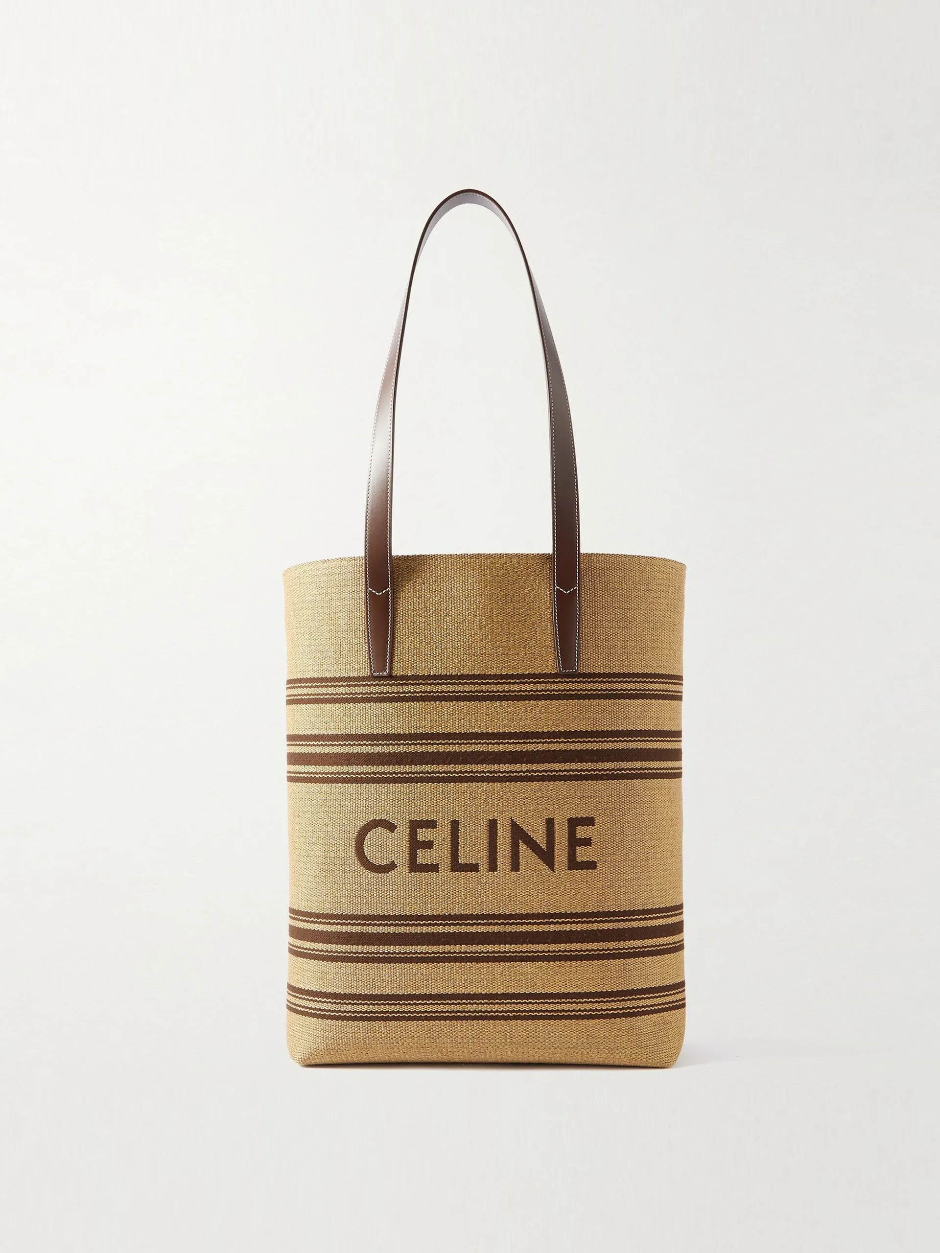 Striped logo-embroidered leather-trimmed raffia tote