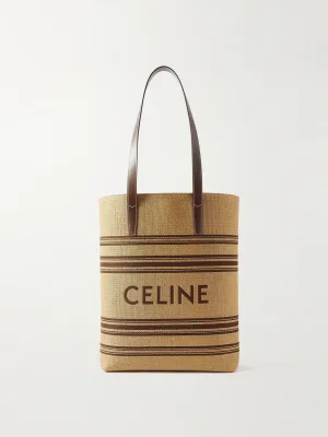 Striped logo-embroidered leather-trimmed raffia tote