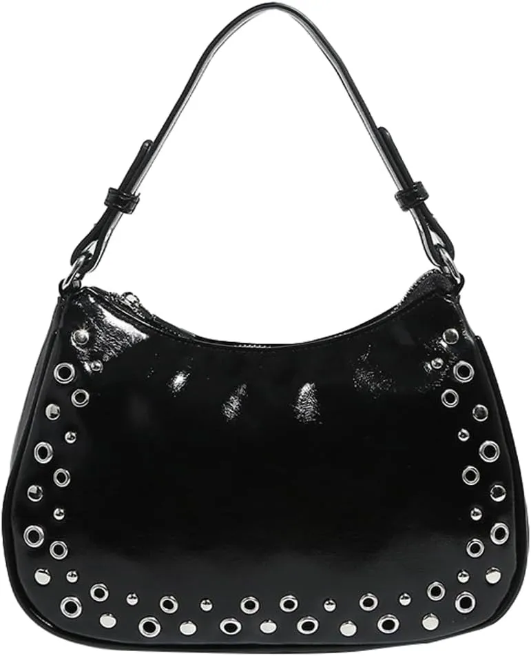 Studded Shoulder Bag For Women Vegan Leather Saddle Purse Y2K Womens Shoulder Tote Bag For Work Punk Purse