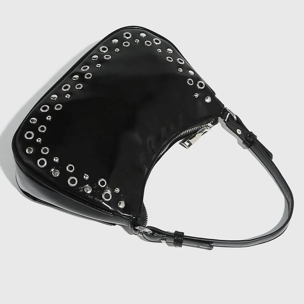 Studded Shoulder Bag For Women Vegan Leather Saddle Purse Y2K Womens Shoulder Tote Bag For Work Punk Purse