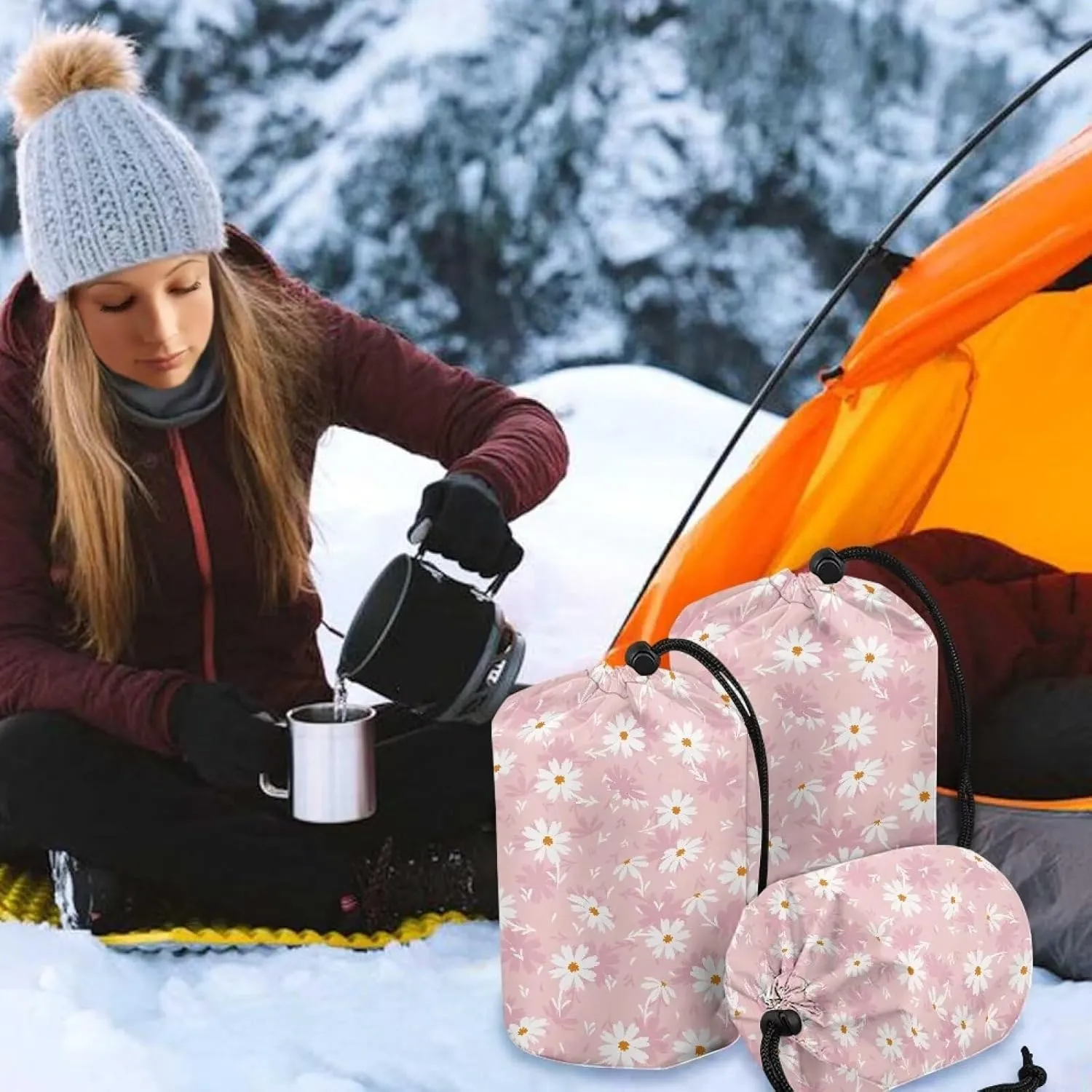 Stuff Bag Daisy Pattern Sleeping Bag Stuff Sack Water Resistant Camping Storage Bag Ultralight Ditty Bags for Camping Hiking Travelling or Laundry Set of 3