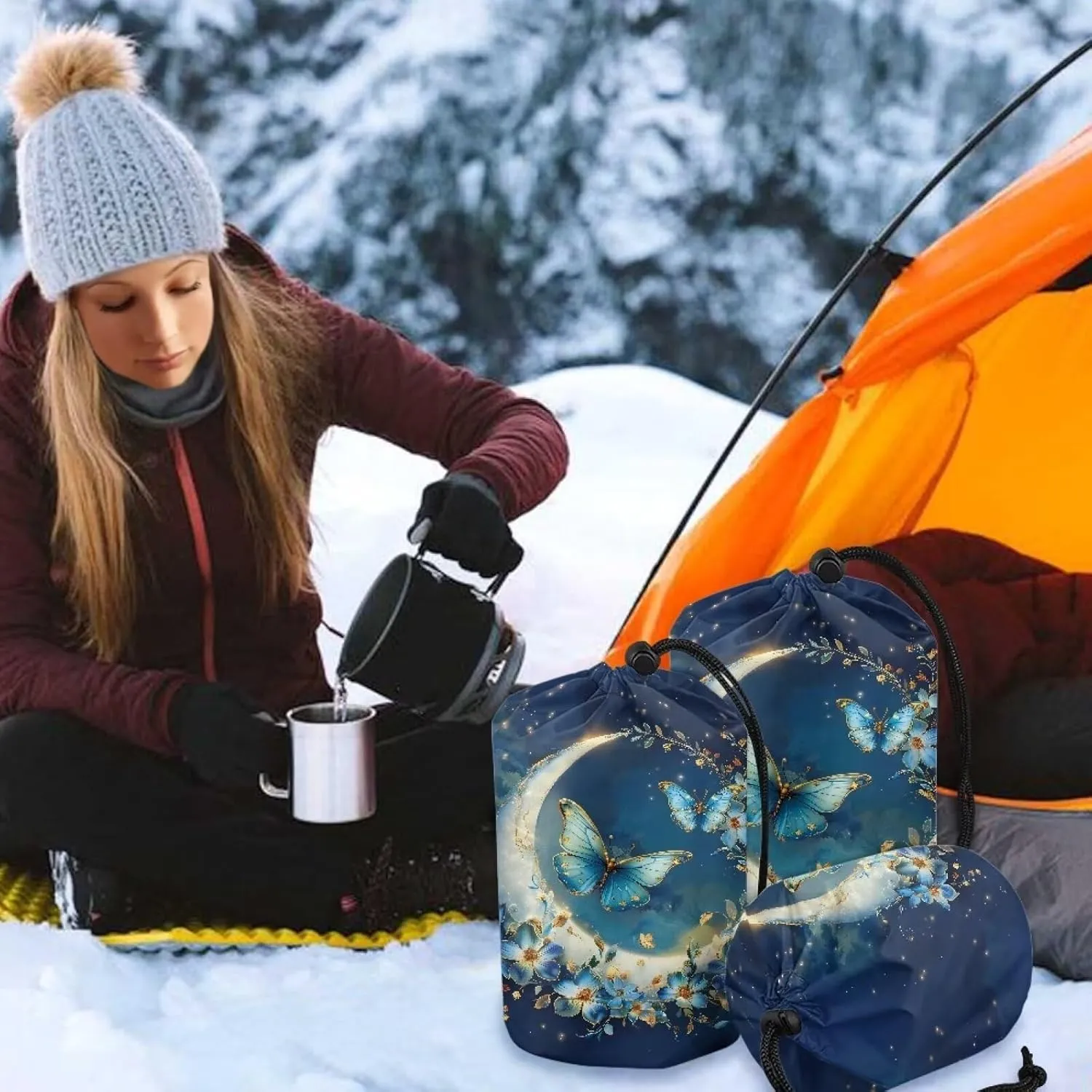 Stuff Sack Butterfly Pattern Camping Storage Waterproof Drawstring Bag for Outdoor Products Foldable Lightweight Set of 3