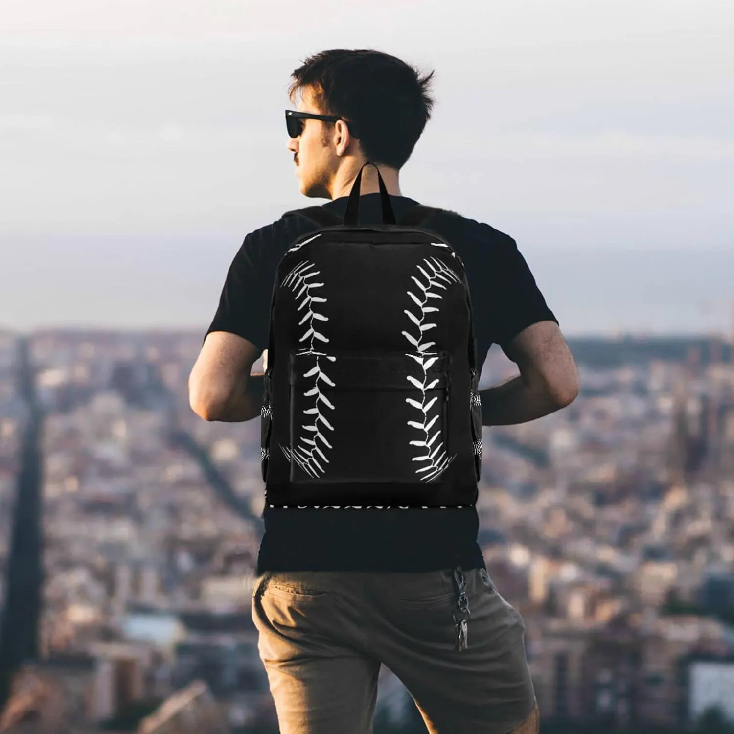 Stylish Baseball Lace Black Large Portable Laptop Backpack Durable Travel Computer Bag for Men Women School Bookbag Work