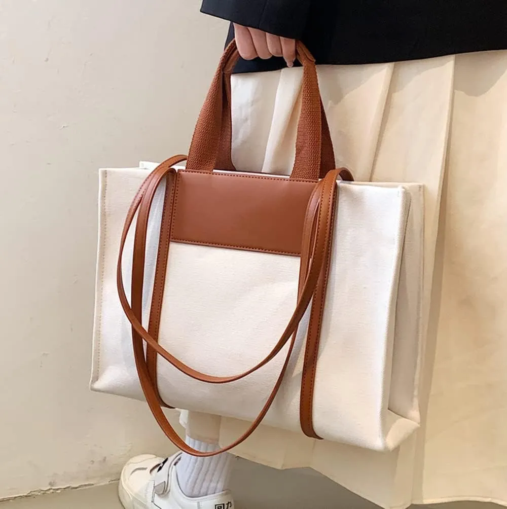 Stylish Medium Canvas Tote Bag with Zipper for Women - Versatile Top Handle & Crossbody Satchel Handbag for Work & Casual Use