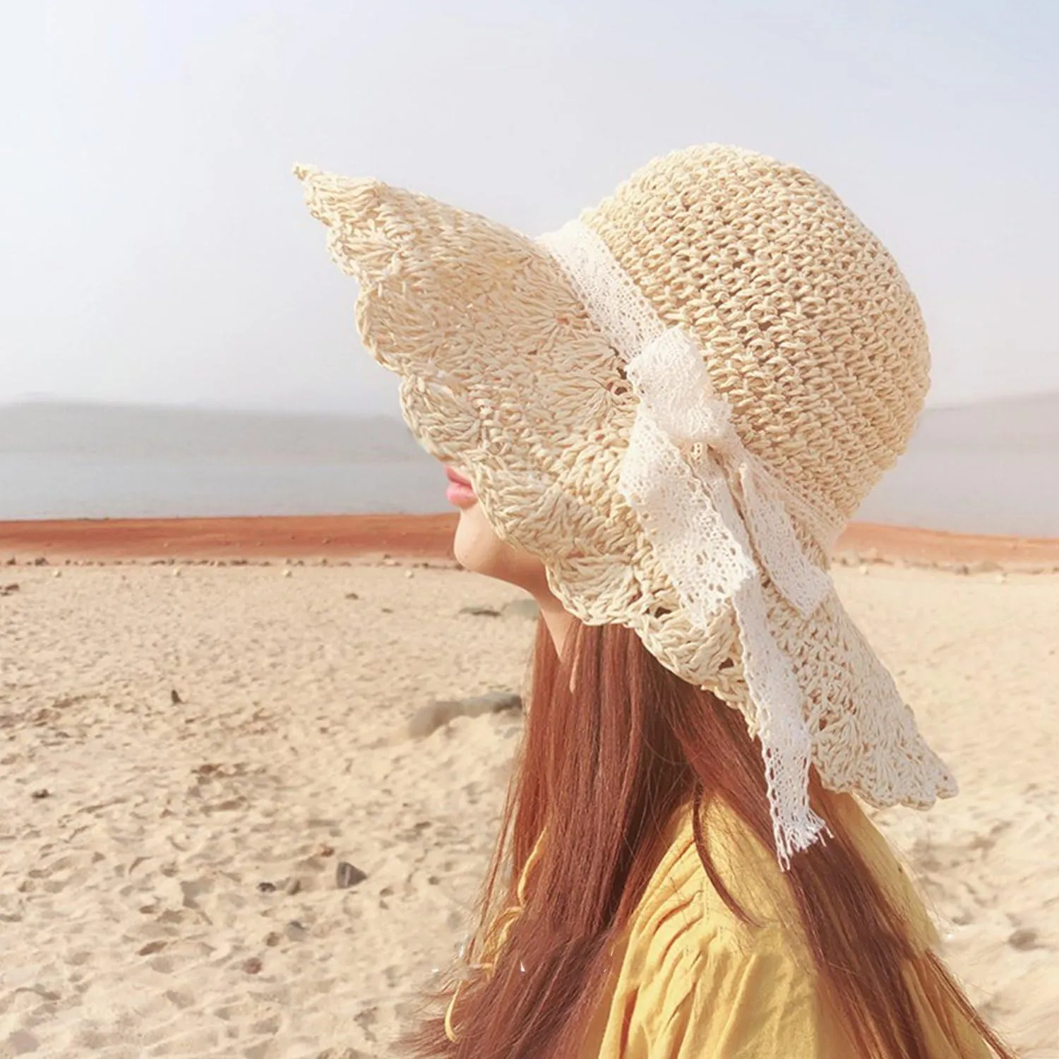 Summer Beach Sun Straw Hats for Women Wide Brim Packable Travel Bucket Hats UPF 50 