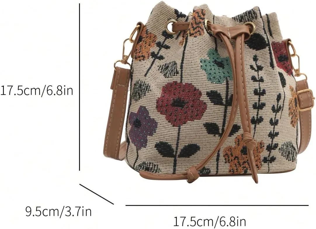 SweatyRocks Women's Floral Print Canvas Bucket Bag Drawstring Mini Crossbody Purses