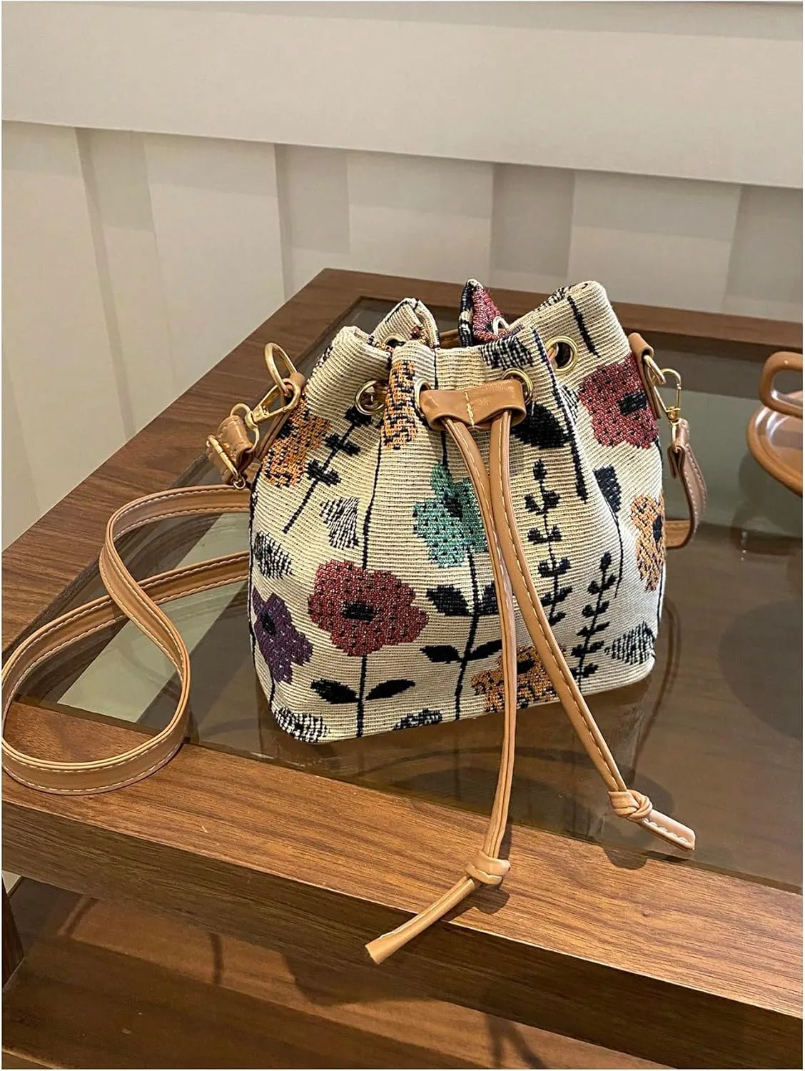 SweatyRocks Women's Floral Print Canvas Bucket Bag Drawstring Mini Crossbody Purses