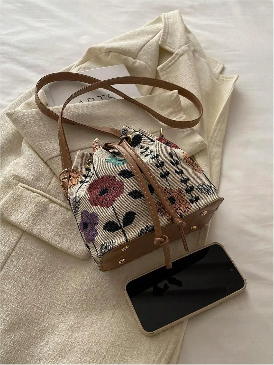 SweatyRocks Women's Floral Print Canvas Bucket Bag Drawstring Mini Crossbody Purses