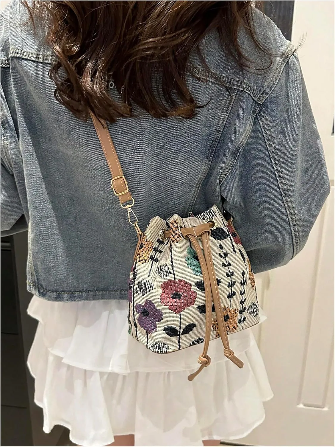 SweatyRocks Women's Floral Print Canvas Bucket Bag Drawstring Mini Crossbody Purses