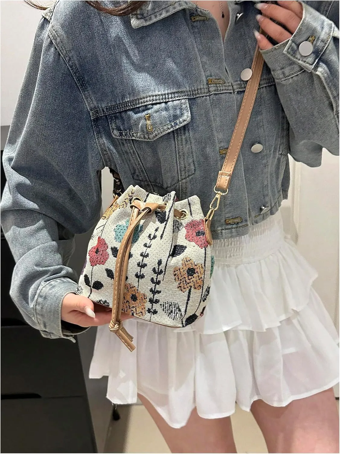 SweatyRocks Women's Floral Print Canvas Bucket Bag Drawstring Mini Crossbody Purses