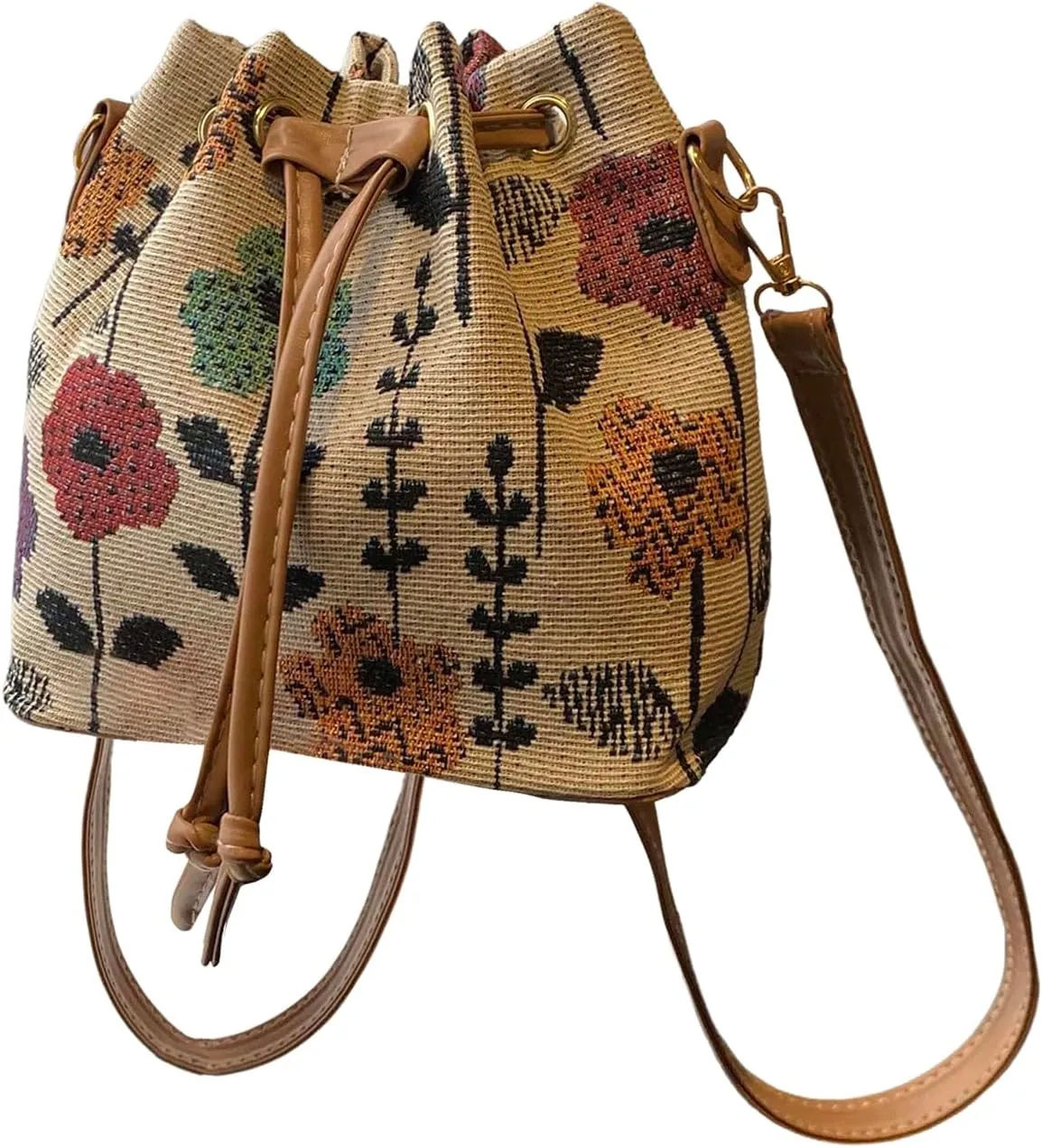 SweatyRocks Women's Floral Print Canvas Bucket Bag Drawstring Mini Crossbody Purses