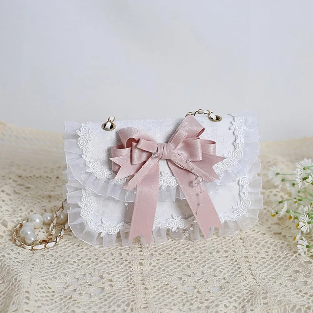 Sweet Lolita Shoulder Bag Lace Bow Crossbody Purse Lace Handle Bag Crossbody Messenger Shoulder Bags for Women
