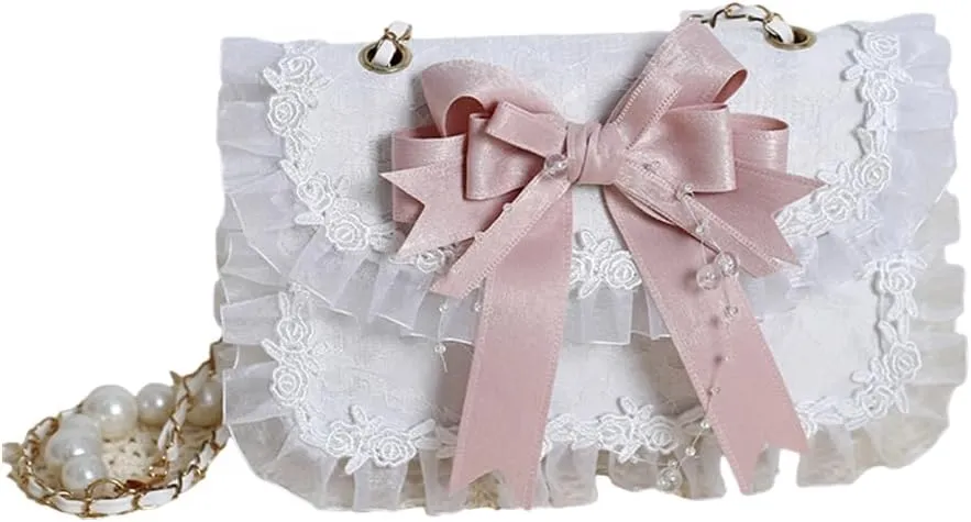 Sweet Lolita Shoulder Bag Lace Bow Crossbody Purse Lace Handle Bag Crossbody Messenger Shoulder Bags for Women