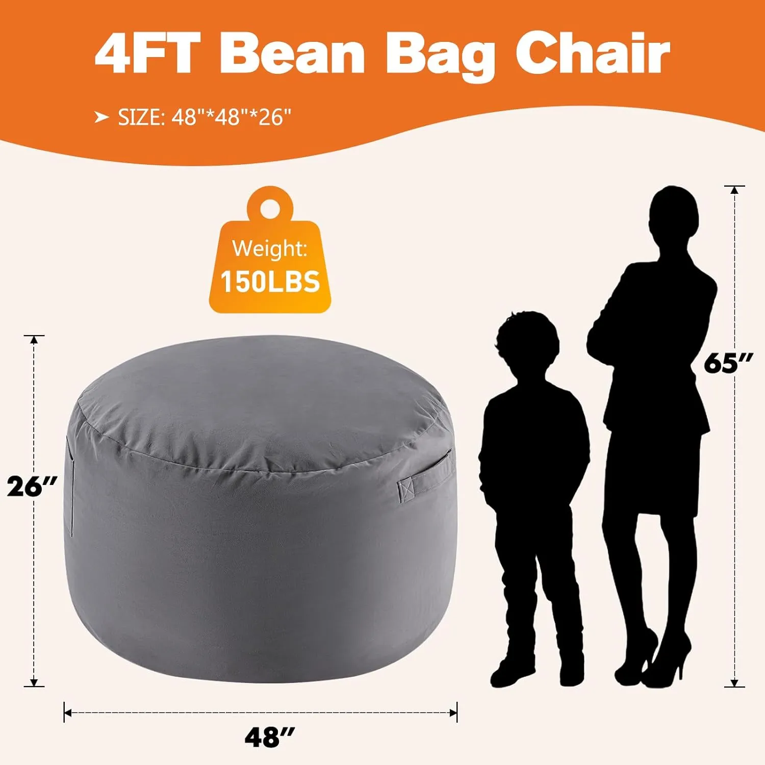 Sweetcrispy Bean Bag Chairs, 4Ft Bean Bags for Adults, Large Oversized Beanbag Chair with Memory Foam Filled and Soft Removable Washable Cover, Comfy Sofa for Living Room Bedroom Dorm, 4 Feet Gray