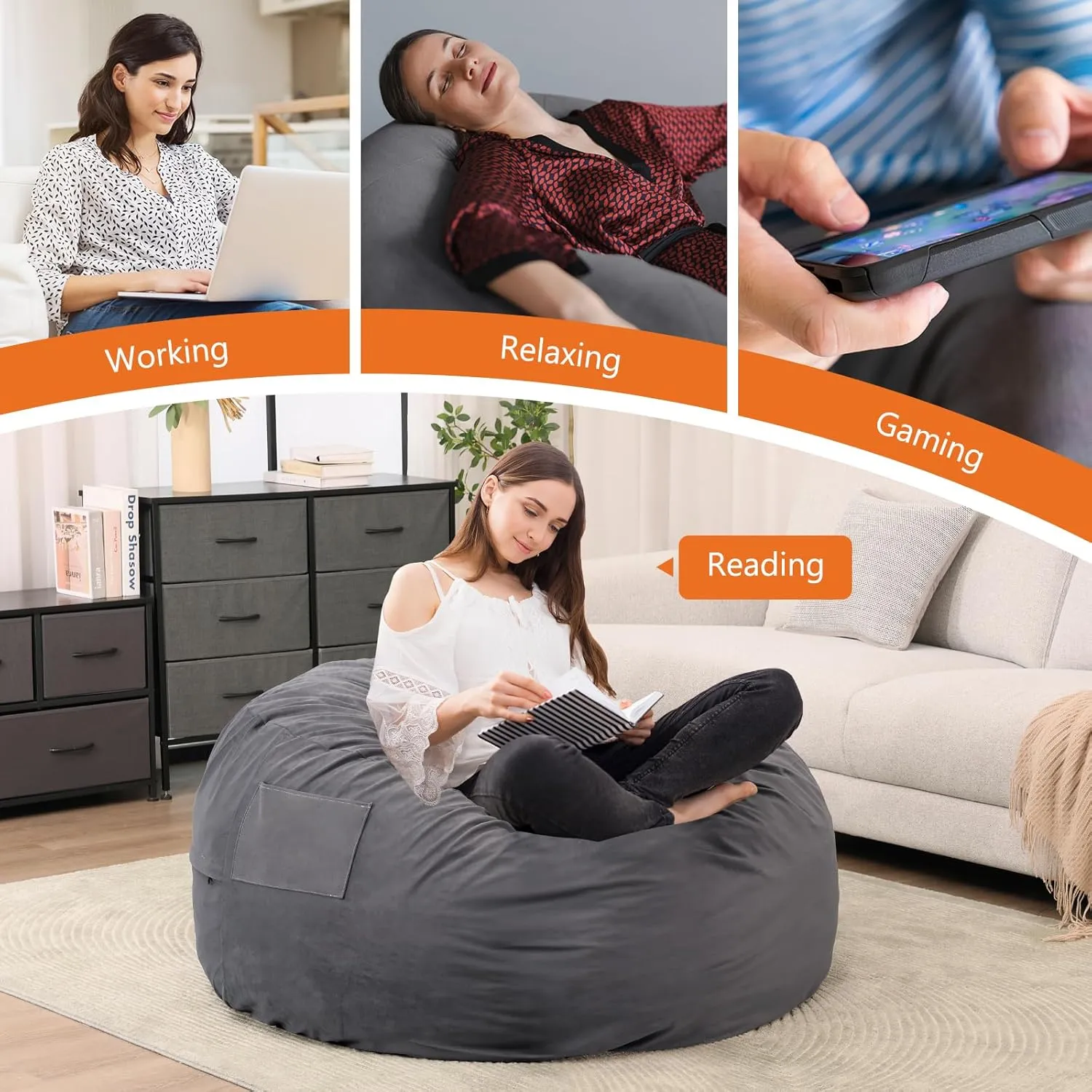 Sweetcrispy Bean Bag Chairs, 4Ft Bean Bags for Adults, Large Oversized Beanbag Chair with Memory Foam Filled and Soft Removable Washable Cover, Comfy Sofa for Living Room Bedroom Dorm, 4 Feet Gray