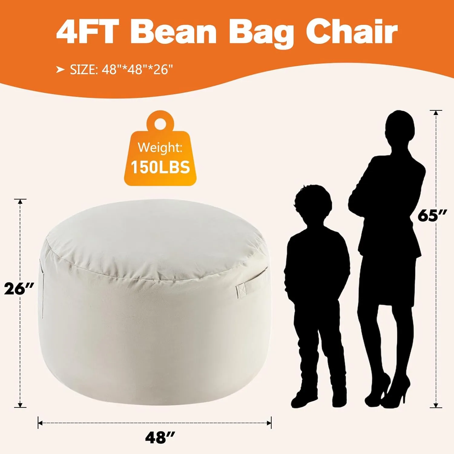Sweetcrispy Bean Bag Chairs, 4Ft Bean Bags for Adults, Large Oversized Beanbag Chair with Memory Foam Filled and Soft Removable Washable Cover, Comfy Sofa for Living Room Bedroom Dorm, 4 Feet Grey