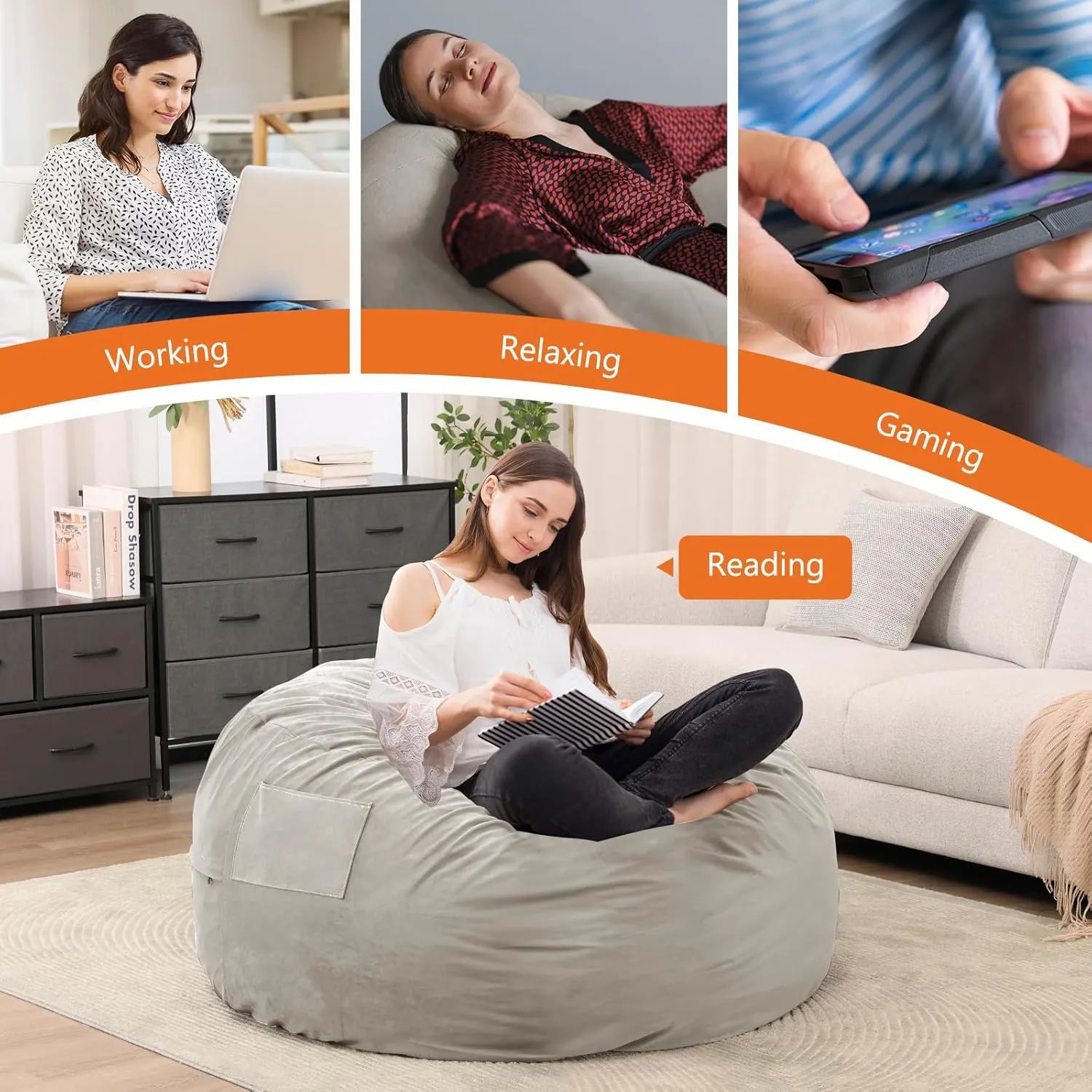 Sweetcrispy Bean Bag Chairs, 4Ft Bean Bags for Adults, Large Oversized Beanbag Chair with Memory Foam Filled and Soft Removable Washable Cover, Comfy Sofa for Living Room Bedroom Dorm, 4 Feet Grey