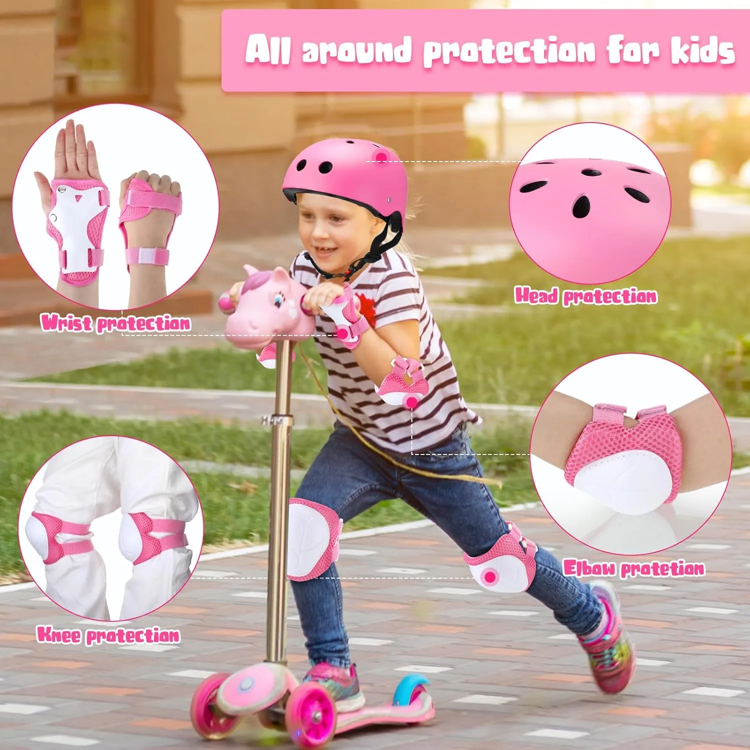 Syhood Kids Bike Helmet for Girls and Boys Ages 3-5-8 with Wrist Guard and Knee Pads Elbow Pads Adjustable Protective Gear and Bags for Toddler Skating Cycling Scooter