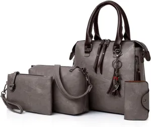 Synthetic PU Leather Tote for Women Satchel Crossbody Hobo 4pcs Handbags Shoulder Bags Tassel Fox Ornament