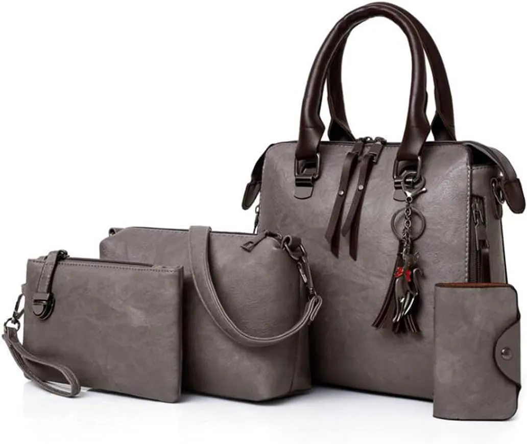 Synthetic PU Leather Tote for Women Satchel Crossbody Hobo 4pcs Handbags Shoulder Bags Tassel Fox Ornament