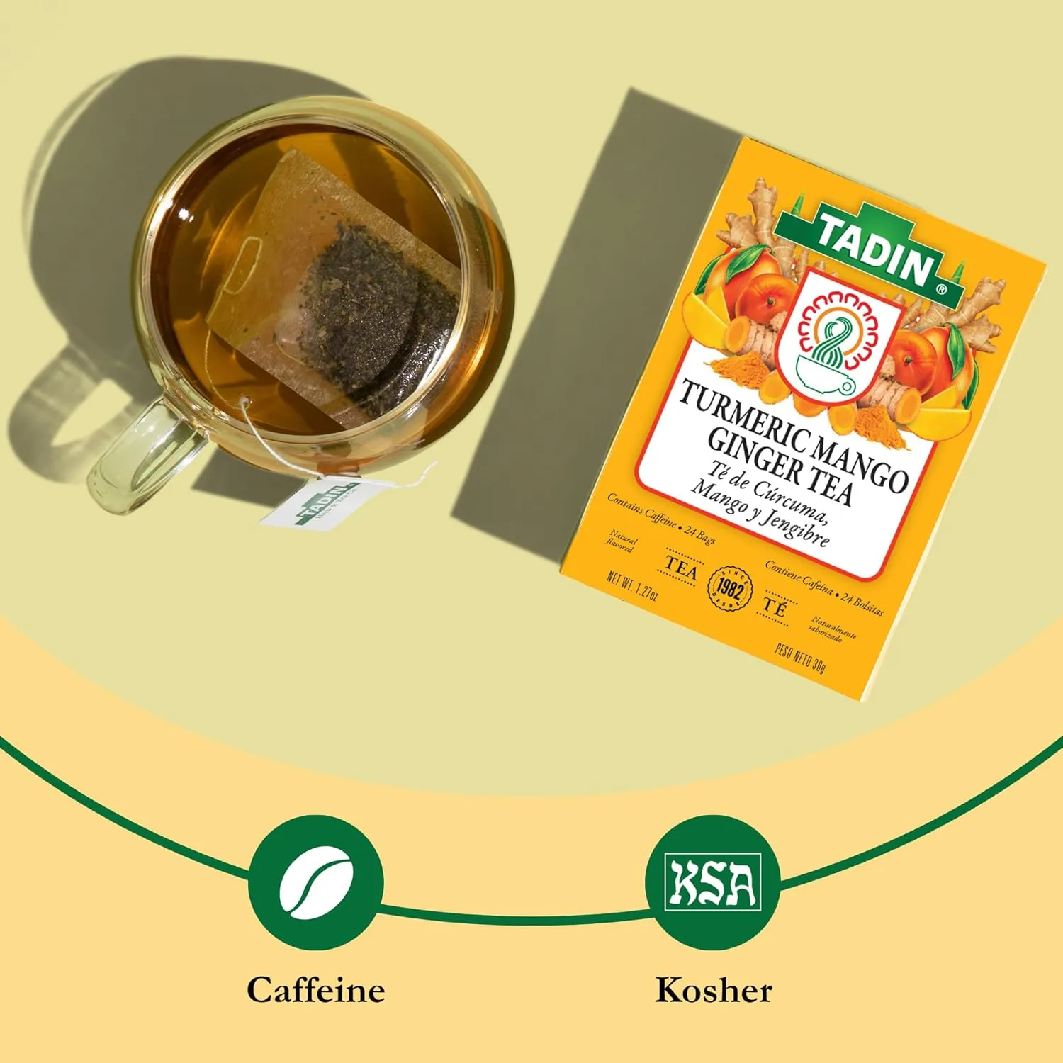 Tadin Turmeric Mango Ginger Tea, Contains Caffeine, Best as Hot Tea, Contains Black Tea, 24 Tea Bags Per Box, Pack of 6