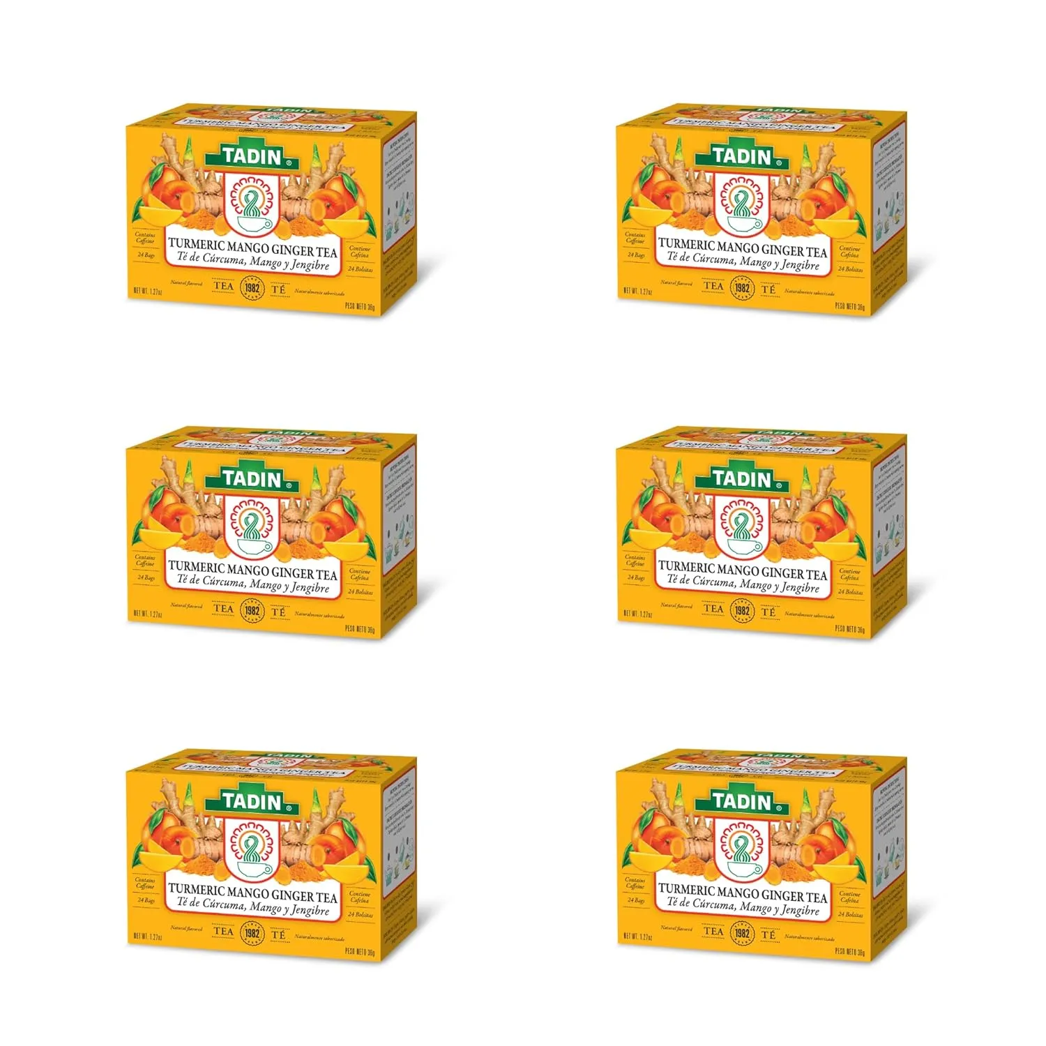 Tadin Turmeric Mango Ginger Tea, Contains Caffeine, Best as Hot Tea, Contains Black Tea, 24 Tea Bags Per Box, Pack of 6