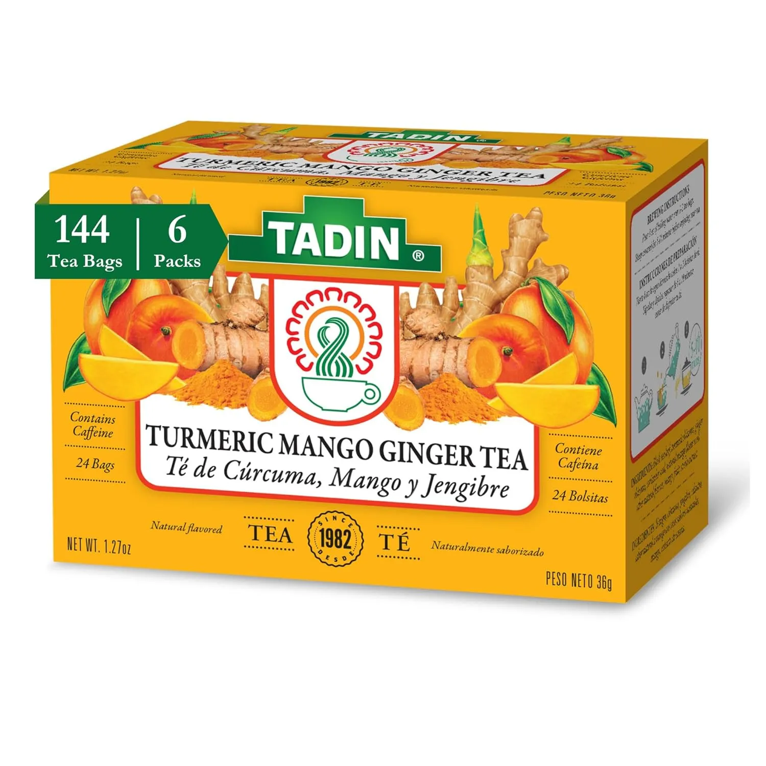 Tadin Turmeric Mango Ginger Tea, Contains Caffeine, Best as Hot Tea, Contains Black Tea, 24 Tea Bags Per Box, Pack of 6