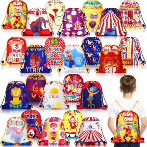 Talltalk 24 Pcs Circus Party Drawstring Bags Kids Circus Party Favors Goody Candy Treat Gift Drawstring Bag Crown Colorful Cute Backpack Decorations for Kids Birthday Carnival Supplies