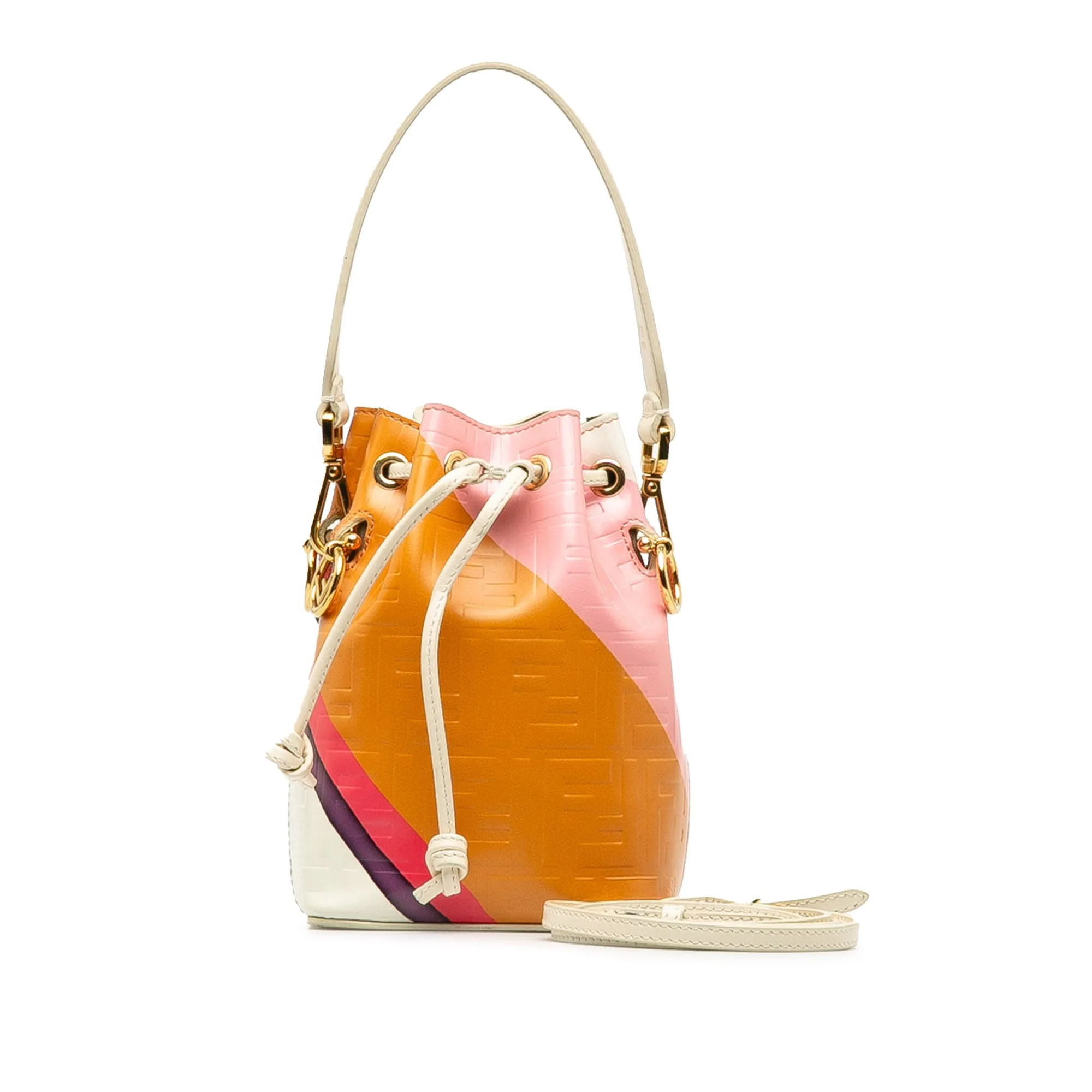 Tan Fendi FF Embossed Striped Mini Mon Tresor Bucket Bag