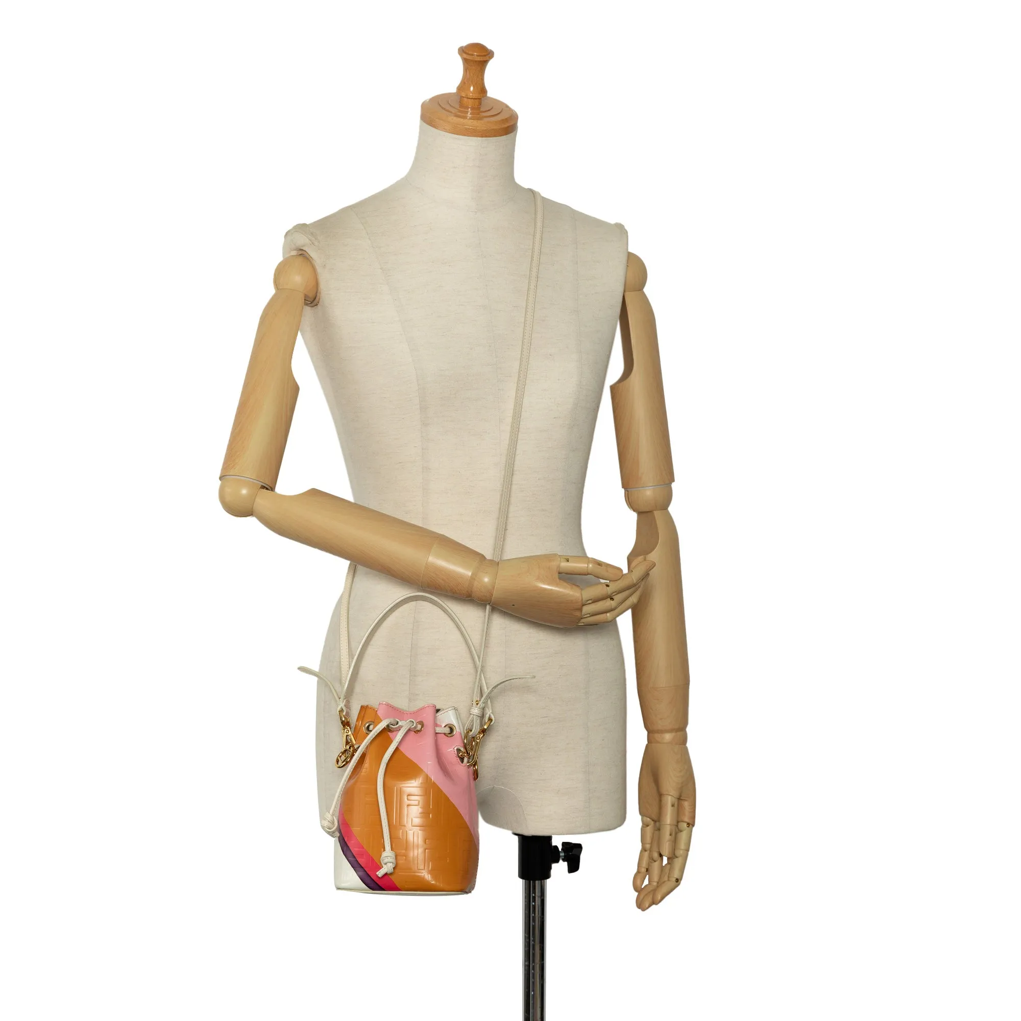 Tan Fendi FF Embossed Striped Mini Mon Tresor Bucket Bag